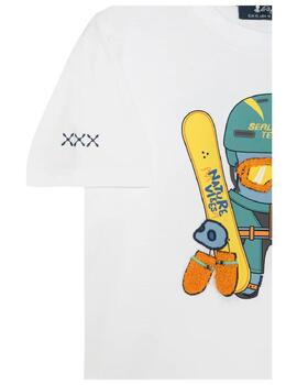 Camiseta Blanca Estampado Snowboard El Pulpo