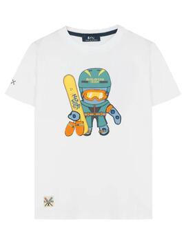 Camiseta Blanca Estampado Snowboard El Pulpo